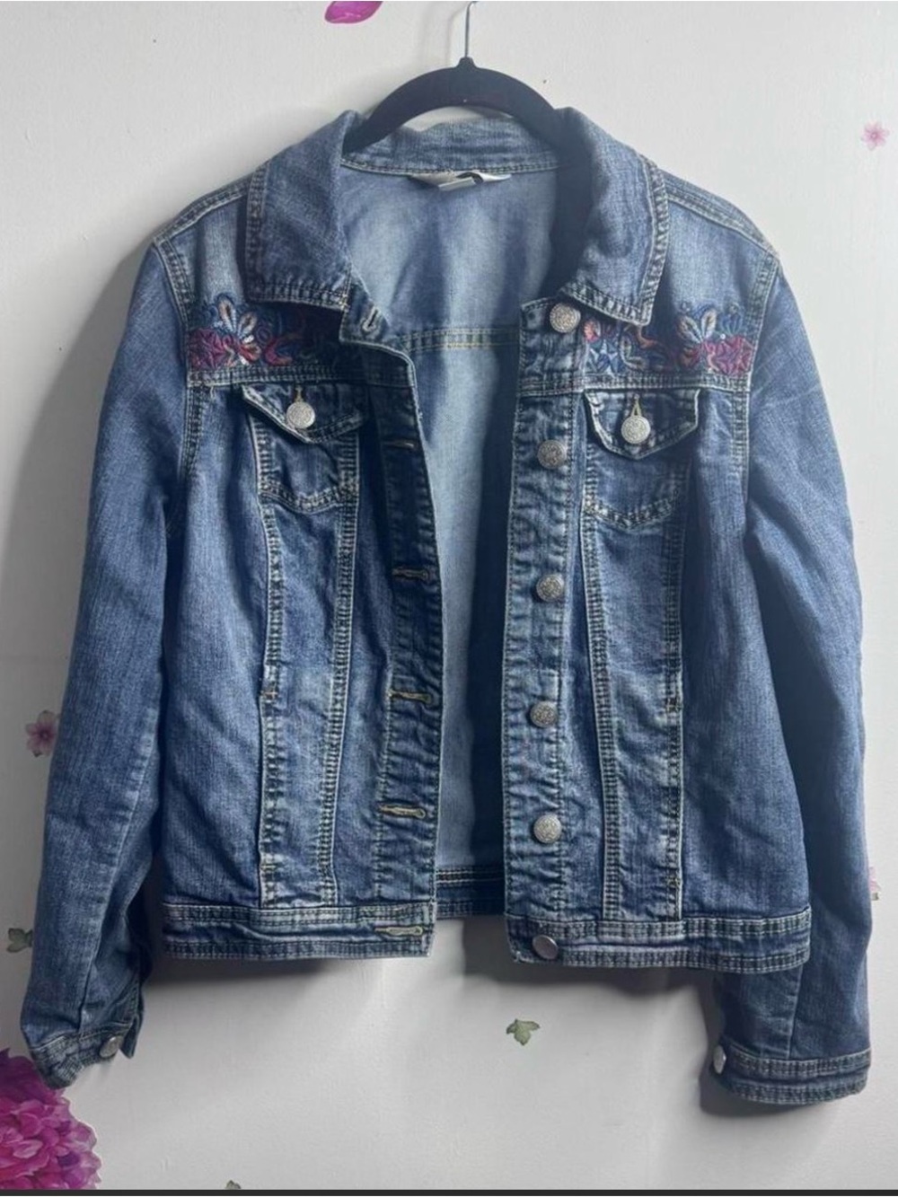 Christopher & Banks Light Blue Denim Jacket with Floral Embroidery